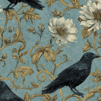 Peel and Stick Wallpaper Black Ravens gothic golden Daisies Green Vintage botanical leaf Contact Paper Removable Self Adhesive Wall Mural Wall Decor for Bedroom Kitchen Cabinets 17.7in x 118in