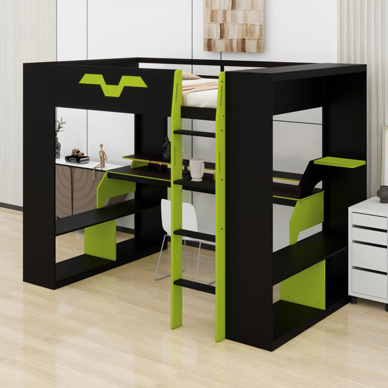 Loft Bed with Integrated Power Station, USB/Type-C Charging Ports, and Customizable RGB Lighting System, Green