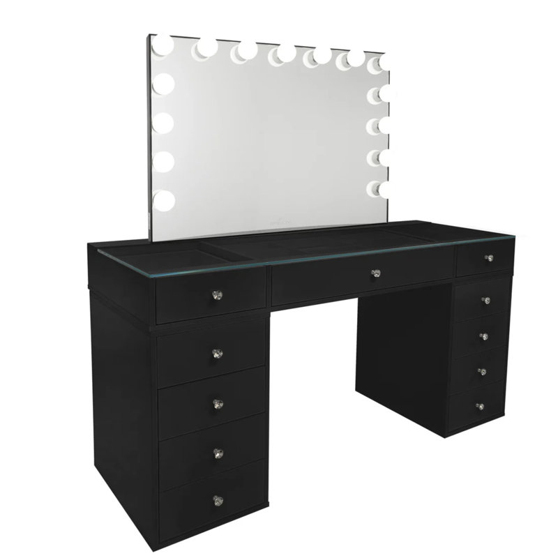 SlayStation Naomi Vanity Table with Vanity Mirror, 4 Drawer Units Bundle, Crystal Lux Drawer Knobs, Black