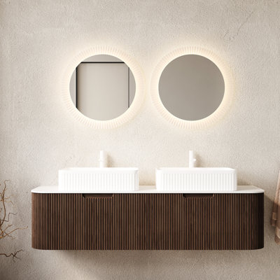 Meuble-lavabo de salle de bain 60 po, lavabos rectangulaires en céramique blanche, noyer foncé, 2 tiroirs, sans robinet, préassemblé, armoire à rayures 3D, glissières de tiroir à fermeture douce, meuble-lavabo à poser avec lavabo, noyer.
