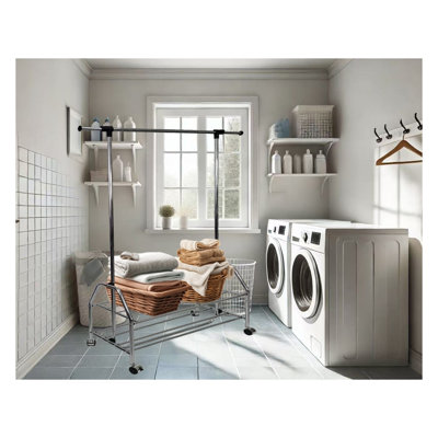 Chrome Metal Extendable Clothes Rack with Adjustable Shelf and Rolling Casters, Silver