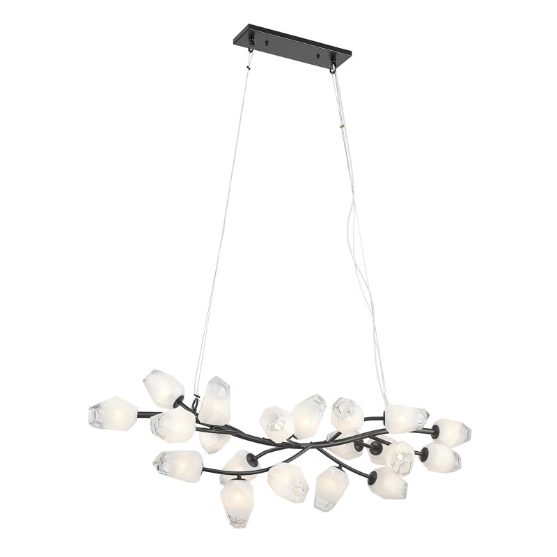 Lustre 20 lumières avec cadre en fer noir et abat-jour en verre blanc, Noir mat