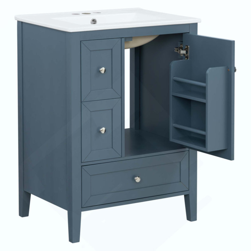Meuble-lavabo moderne avec lavabo en céramique, pieds en bois massif, tiroirs et porte à fermeture en douceur, support de rangement, finition de surface peinte