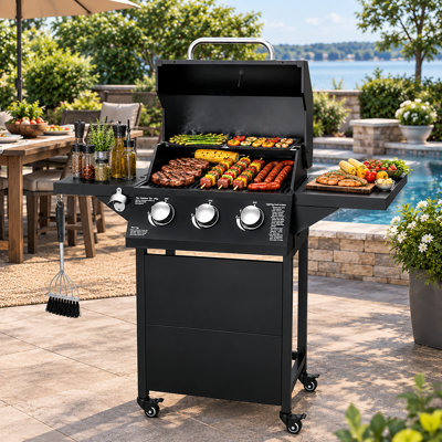 3-burner Outdoor Bbq Propane Gas Grill, 30000 Btu, Portable Outdoor Gas Grill With Foldable Side Shelves, Built-in Thermometer, Easy Assembly For Backyard, Camping And Tailgating