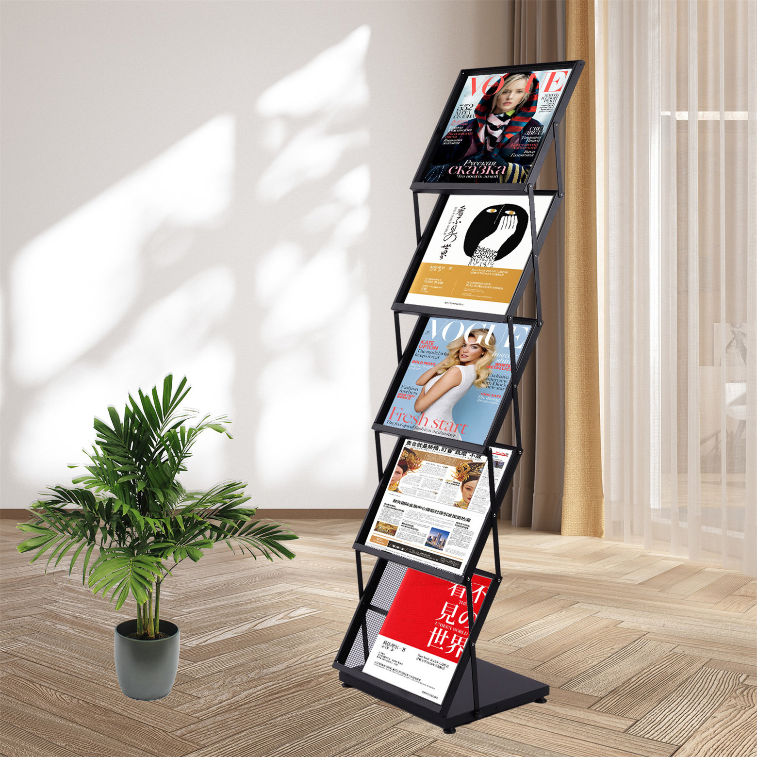 Pamphlets Display Stand with Wheels Display Rack Floor-Standing Magazine  Holder