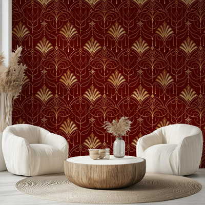 Papier peint mural Art déco en forme d'éventail | Papier peint glamour bourgogne et or | Intissé ou autocollant