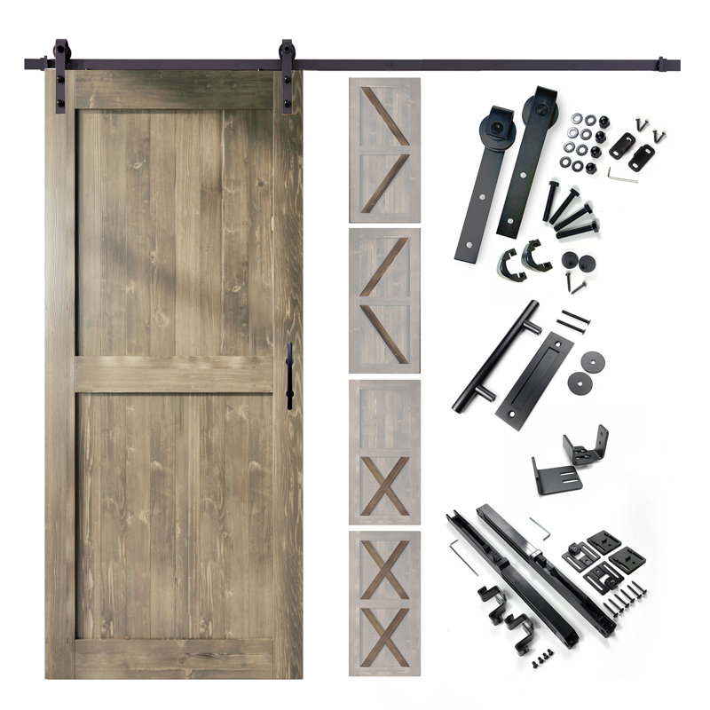 Porte en bois de pin massif 5-en-1 de conception 80 po avec quincaillerie d'installation rustique noire 5 en 1, Gris