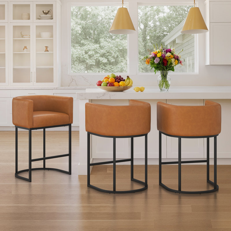 Jessica 26" Upholstered Counter Stool with Metal Frame, Black, Yellowish Brown/Faux Leather