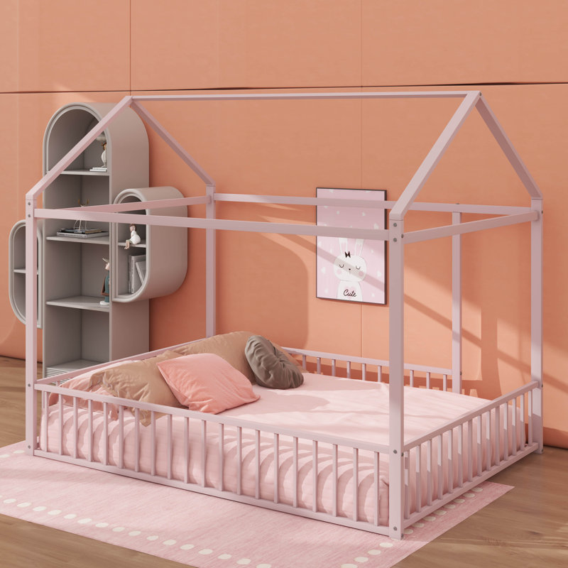 Full Size Metal House-Style Bed Frame, Pink
