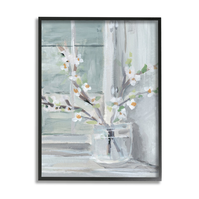 Abstrait rebord de fenêtre à fleurs blanches, nature morte contemporaine, par Annie Warren, H 14 po x l 11 po x P 1,5 po