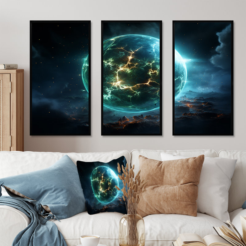 Vert et jaune, planète cosmique, art mural, H 28 po x l 36 po, Cadre flottant noir