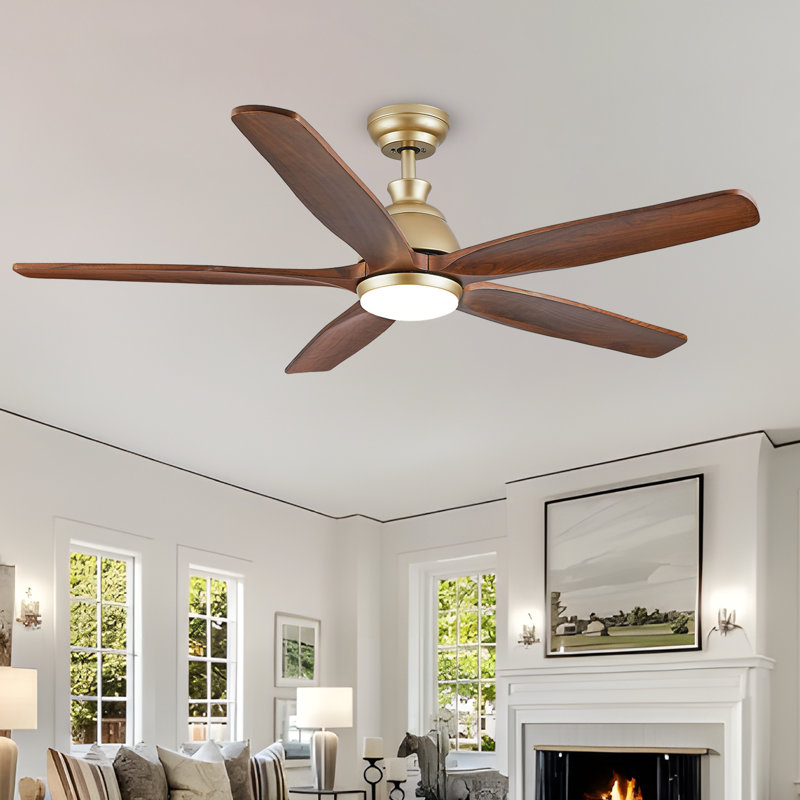 Lovonza Modern Indoor Ceiling Fan 5 Blade LED Light Remote Control Soft Brass Finish Brown Walnut Finish Blades Bedroom Patio Living Room Kitchen 