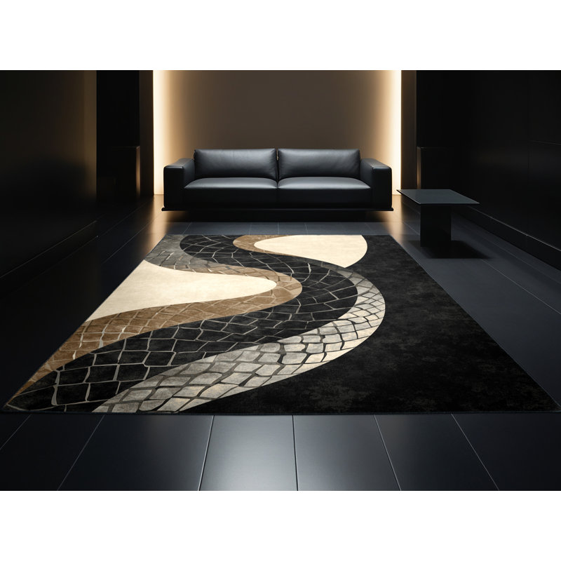 Machine Washable Ottoline Posh & Luxe Geometric Rug in Black – Black Binding, 2 x 5
