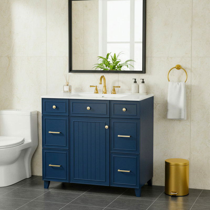 Meuble-lavabo de 91 cm (36 po) avec lavabo en céramique, structure en bois massif, portes à fermeture amortie, étagères réglables, 3 tiroirs dont un tiroir à double profondeur pour sèche-cheveux, bleu
