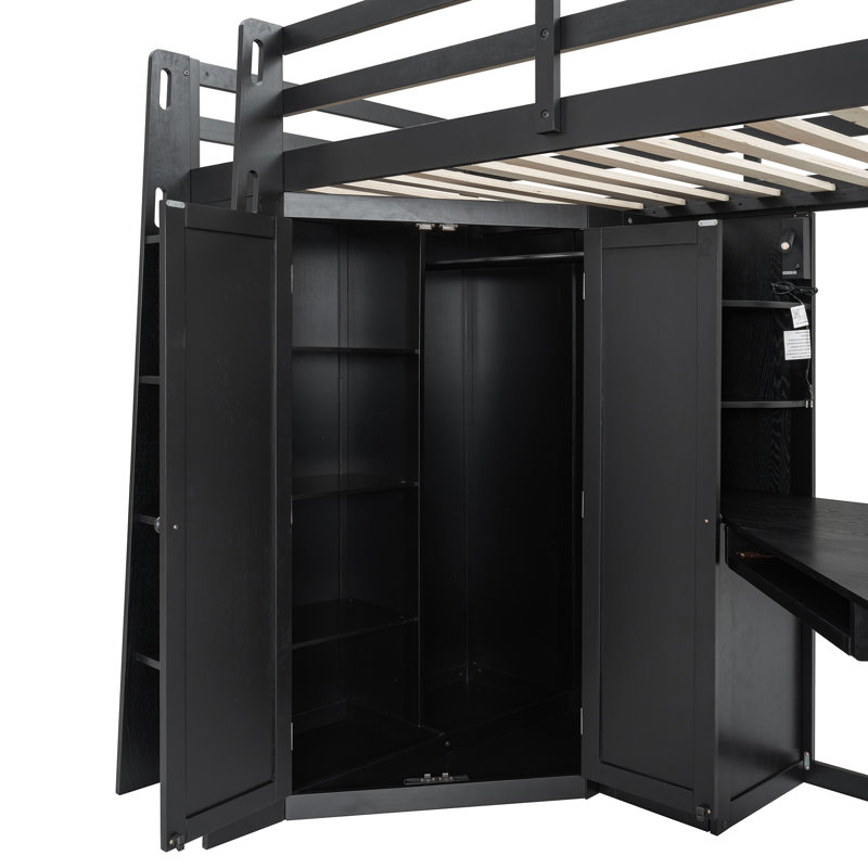 Sayer Wood Loft Bed with Wardrobe, Desk, Charging Station & Adjustable Spotlights, Black