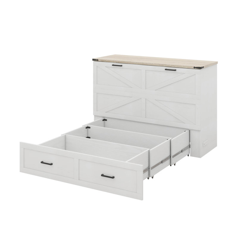 Grand lit escamotable style ferme avec station de charge, lit plateforme pliable avec tiroir de rangement spacieux, Blanc