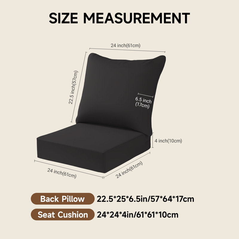 Outdoor Deep Seating Cushion loveseat of 2 -Waterproof, Detachable Cover 24"x24"x4"+22.5"x24"x6.5" Black, Black