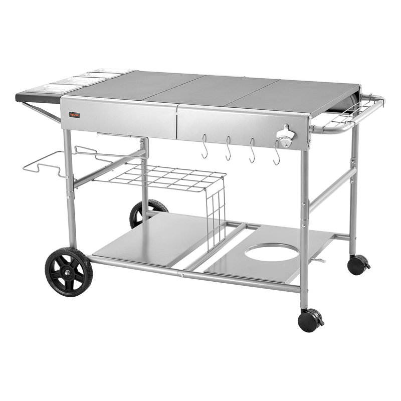 Outdoor Grill Cart, 36.4 x 23.4 x 1 inch Tabletop Size Grilling Table, Movable Outdoor Cooking Table with 4 Spice Containers, Wheels, Lids, Hooks, BBQ Prep Tables for Picnic, Kitchen, Courtyard