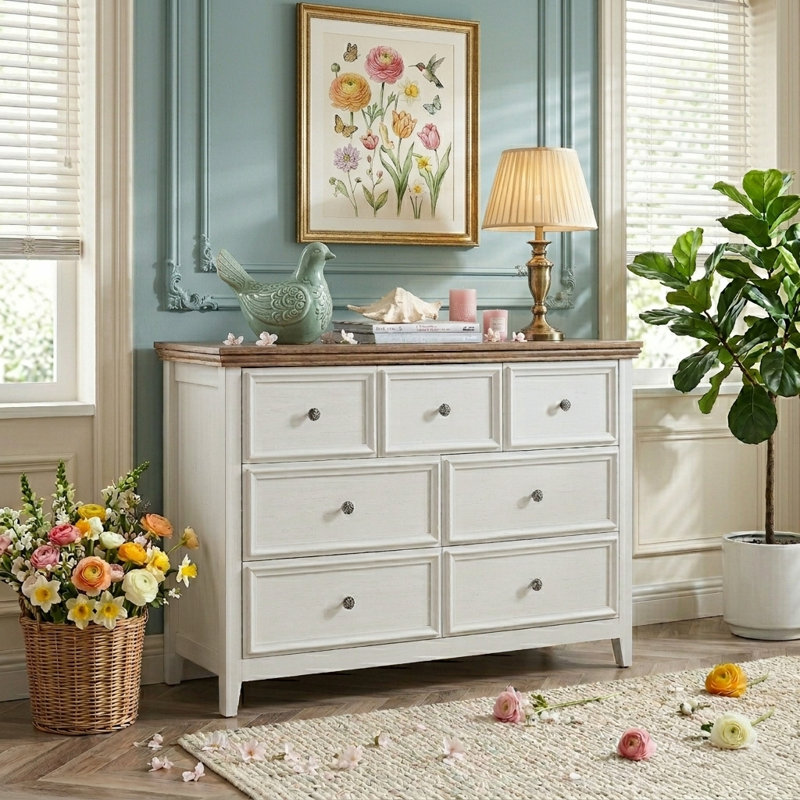  47" Wooden Dresser with 7 Drawers, Tall Chest of Drawers, Storage Tower Cabinet with Metal Handles, Storage Dressers Organizer for Entryway, Living Room, Bedroom