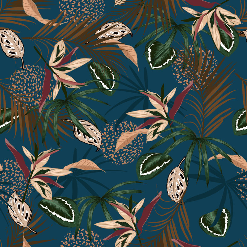 Dark Blue Wallpaper With Leaves 10.4' L x 25" W Wallpaper Panel