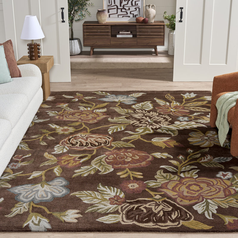 Emrick Hand Hooked Wool/Cotton/Latex Floral Rug in Brown, Rectangle 8' x 10'