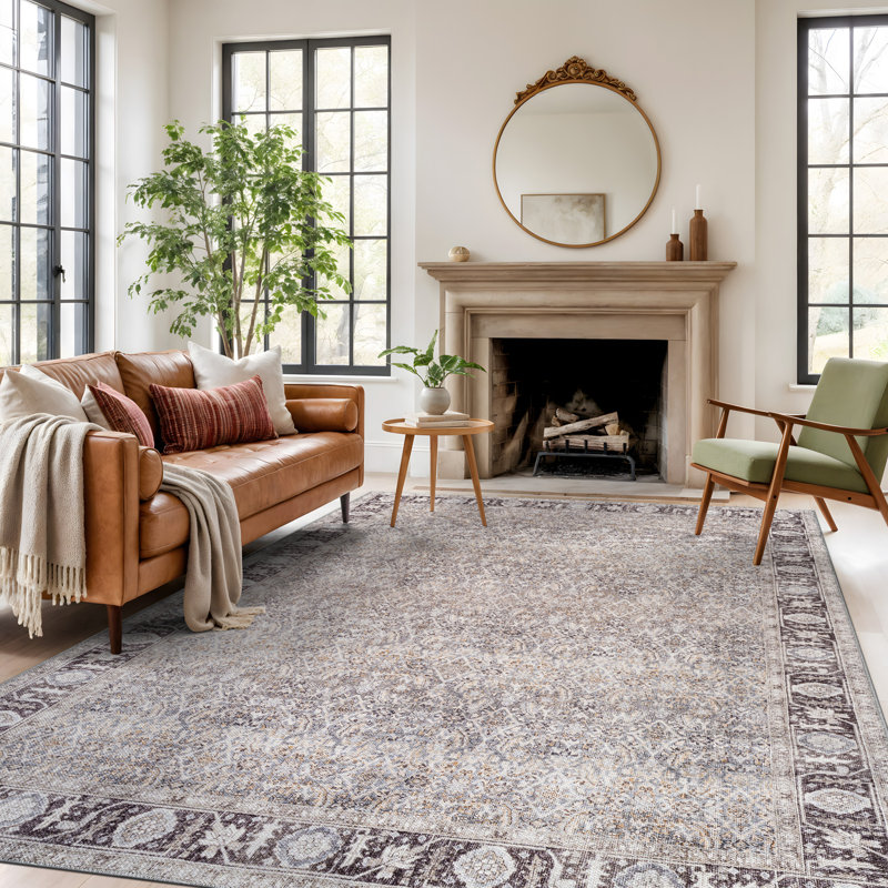 Elise Gray Vintage Rug – Machine Washable, Flat Pile Texture With Non-Slip Backing, Rectangle 7'6" x 9'6"