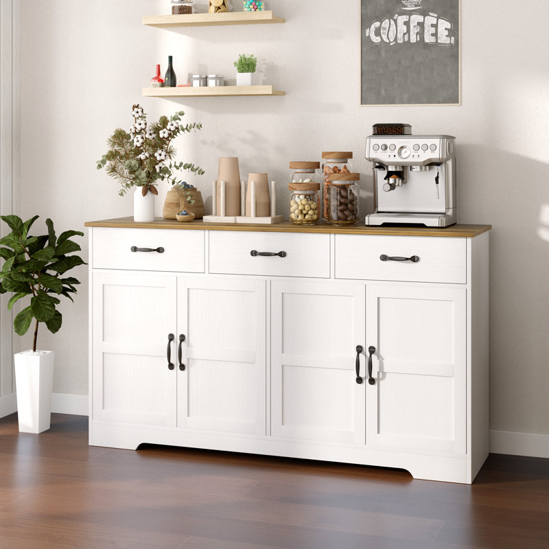 Buffet, armoire à café avec tiroirs, patiné, Blanc / Brun