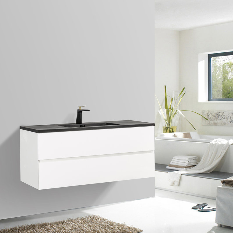 Kozeta 48 po L x 19 po P 2 tiroirs Meuble-lavabo avec évier simple et Comptoir en Quartz noir