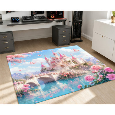 Tapis papillon château fantastique, motif floral rose, lavable à la machine, antidérapant, décoration intérieure artistique pour salon, chambre, salle de jeux, appartement