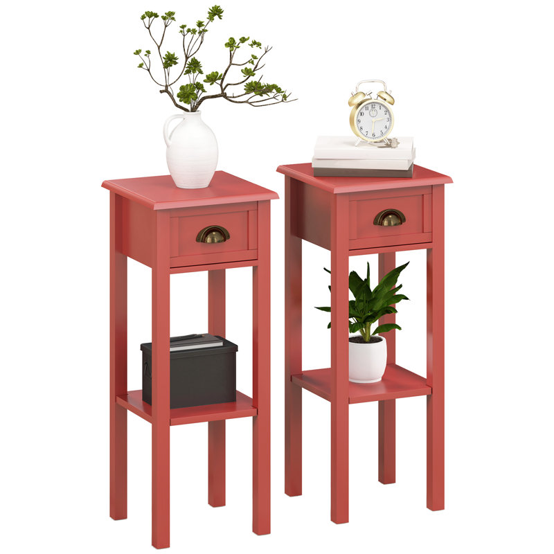 2-Tier Side Table With Drawer, Narrow End Table With Bottom Shelf, For Living Room, Set Of 2, Red
