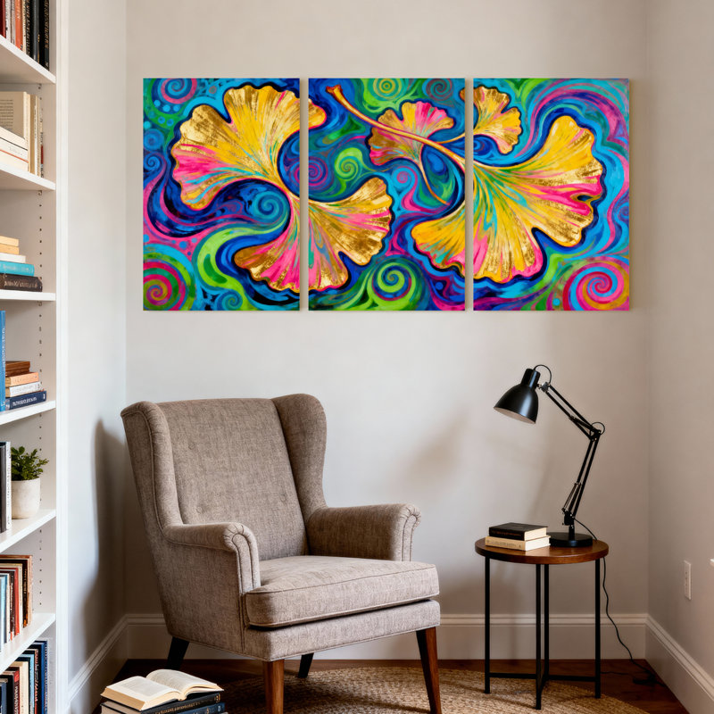Tableau sur toile à motif abstrait de feuilles de ginkgo, style psychédélique vibrant (lot de 3), H 36 po x l 72 po