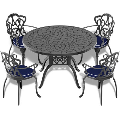 5-Piece Black Cast Aluminum Outdoor Dining Set, Patio Furniture With 47.24 In. Round Table And Random Color Cushions -  Bloomsbury Market, 8EEB97C2216E4B1EBB093CEE2B571C71