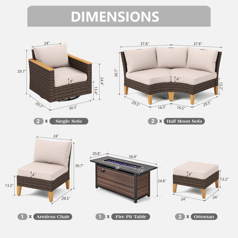 Argyri Outdoor Wicker Patio Conversation Furniture Set With Swivel Chairs And Firepit Table, Yes