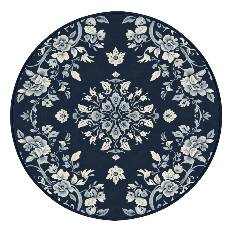 Machine Washable Pantelis Traditional Floral Rug in Gray – Binding, 4' Round