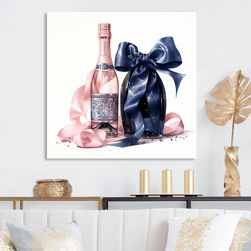 Mode rose et bleu champagne II - mode champagne, art mural en métal, H 16 po x l 16 po
