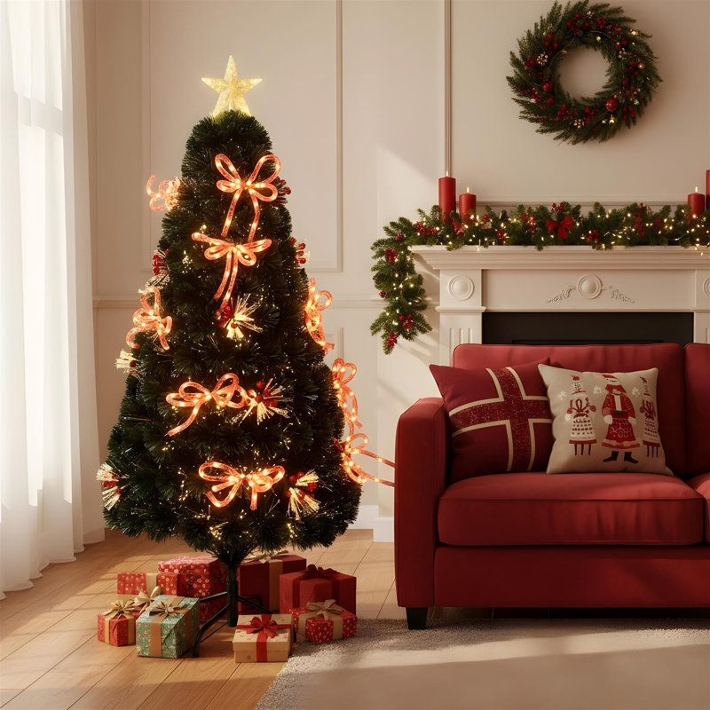 Fibre Optic Christmas Tree with Star Topper, Ribbon Bows and Pre-Lit Green Finish, 4 ft.