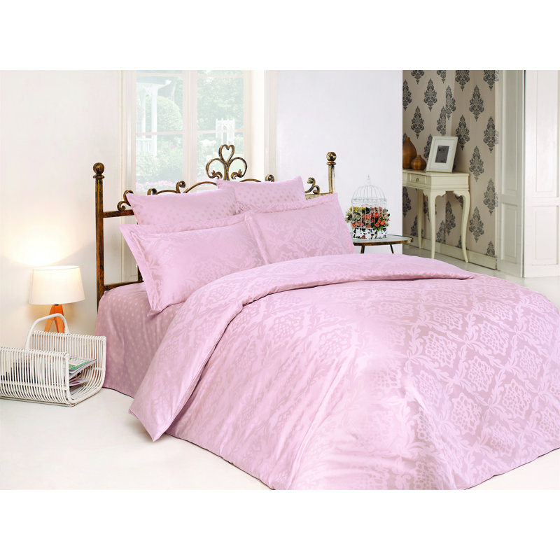 Luxurious 100% Cotton Satin Double Quilt Cover Set, Jacquard Design, Powder Colour | Includes 79 x 87 Duvet Cover, 94 x 102 Flat Sheet, 20 x 28 & 28 x 28 Pillowcases (2 Each) | 210 Thread Count, Machine Washable