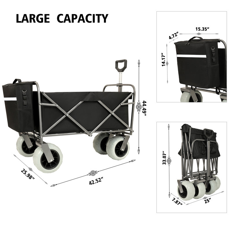 Chariot de plage avec de grandes roues pour le sable capacité de 500 lb - Chariot tout terrain à structure en acier avec pneus pneumatiques de 9 po, conception pliable pliable, sangle avec sac multiusage