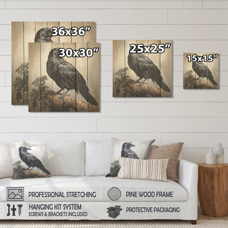 Mystic Raven In Flight I - Animal corbeau sur bois, H 30 po x l 30 po