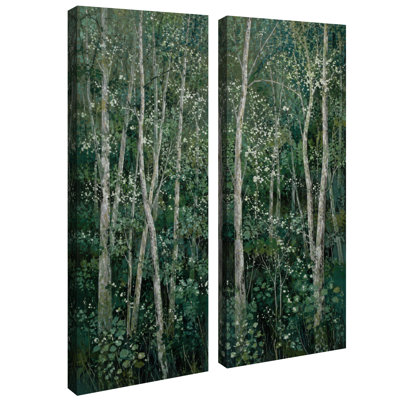 Forêt de bouleaux vert foncé avec fleurs blanches - Décoration nature - Ensemble de 2 impressions sur toile encadrées 32" x 12" x 2