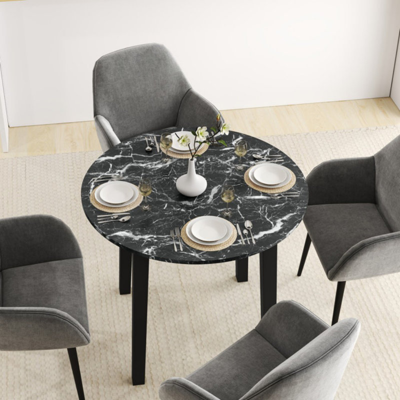 Table de salle à manger ronde 35 pouces avec pieds en bois d'hévéa et plateau en placage texturé marbre, Noir