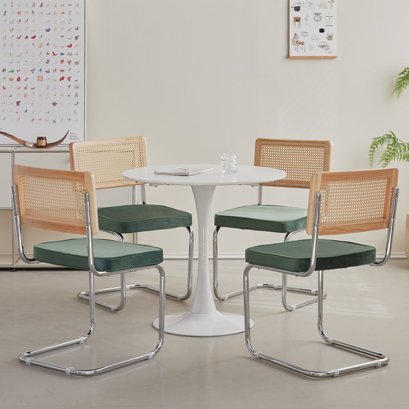 Chairs - Scandinavian Velvet Dining Chair - Rattan Back Chair - Metal Legs, 4, Green