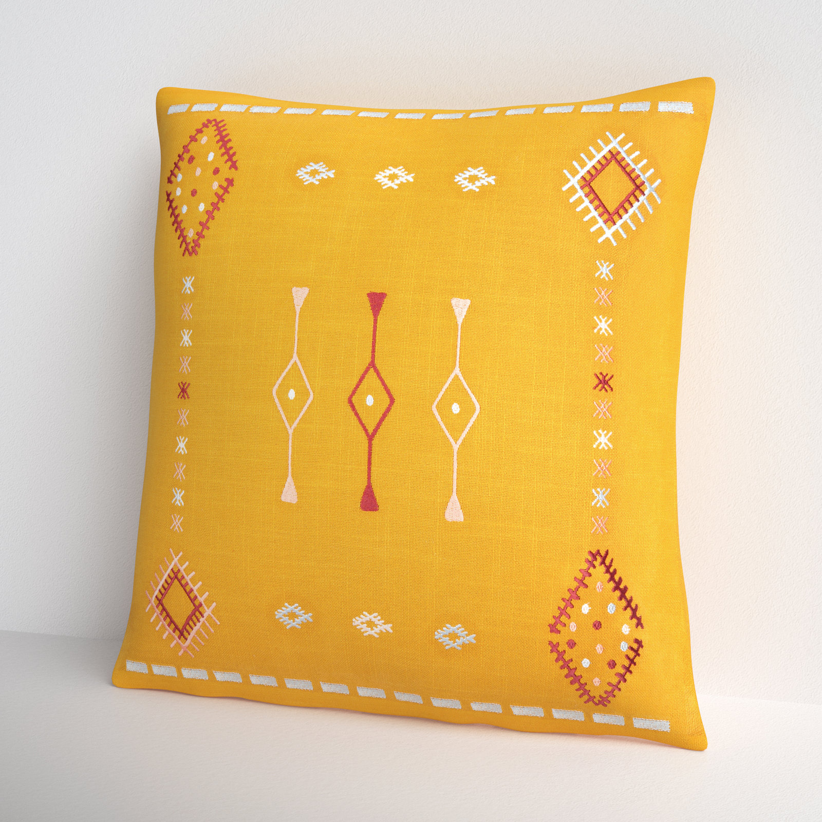 Decatur Embroidered Cotton Throw Pillow, 20" x 20", Pale Blue/Mustard/Dusty Pink, Down