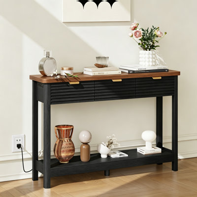 Console de 43 po, table d'appoint moderne en bois avec tablettes de rangement ouvertes, étagère de présentation étroite autoportante, table d'appoint, table de canapé derrière le salon, couloir, vestibule