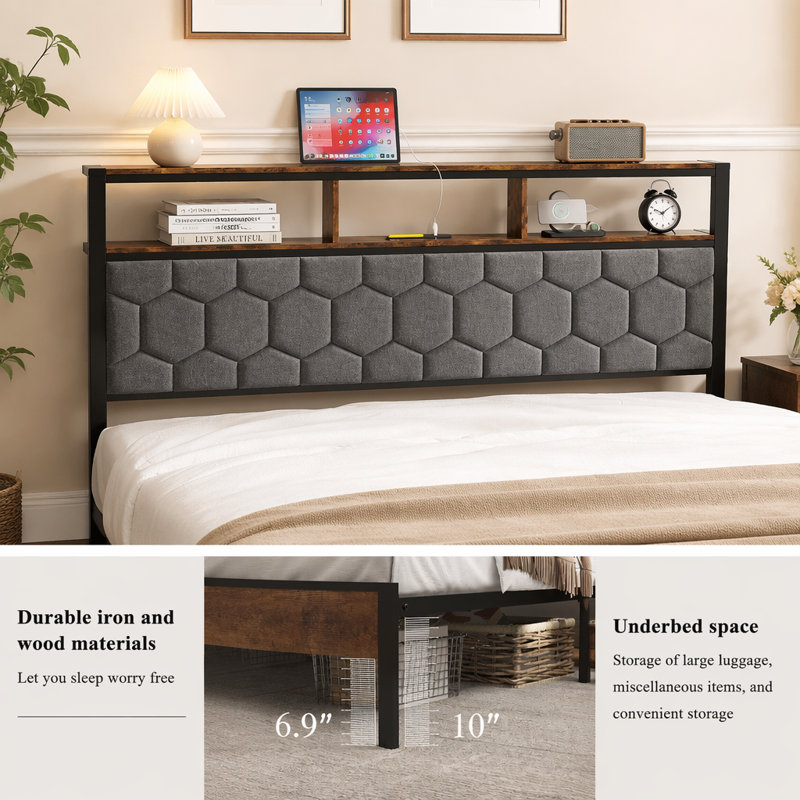 Base de lit plateforme en bois avec chevet rembourré doux, clés USB intégrées, conception silencieuse, rangement sous le lit et assemblage facile
