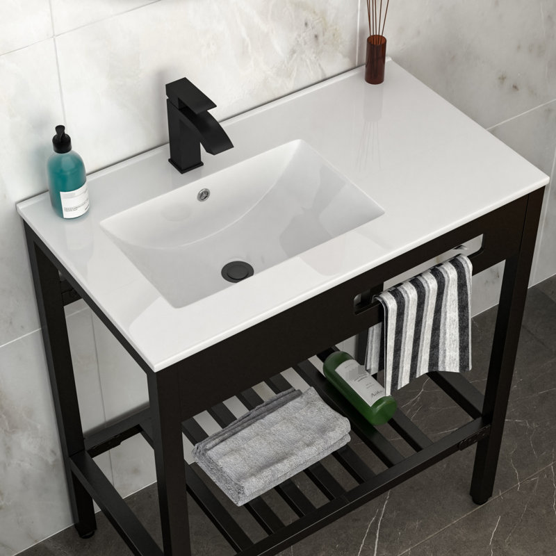 Lavabo de salle de bain mural 32 "x 18,5" avec trop-plein, pieds de support en acier inoxydable noir 304, hygiénique et facile à nettoyer, teinture compatible avec plusieurs environnements, installation