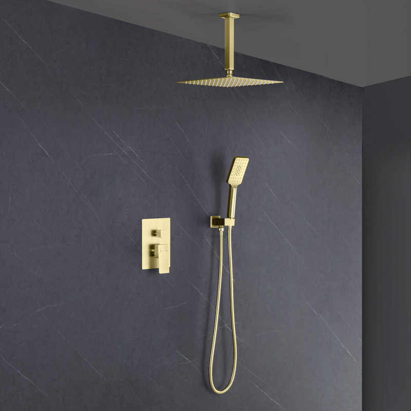 Système de douche cubique à pression équilibrée 2 fonctions avec valve brute, Or brossé