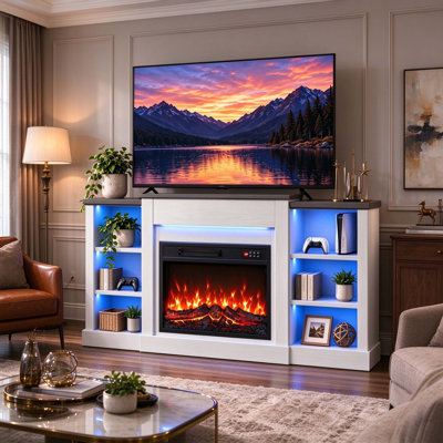 Meuble télé avec foyer moderne pour téléviseur de 65 po et 55 po ou moins avec bandes à DEL RVB et 6 tablettes de rangement