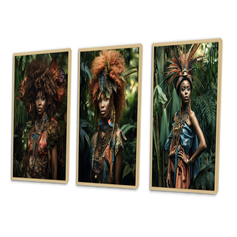 «Afropunk Haute Couture Jungle Model», 3 pièces, H 28 po x l 36 po, Cadre naturel flottant