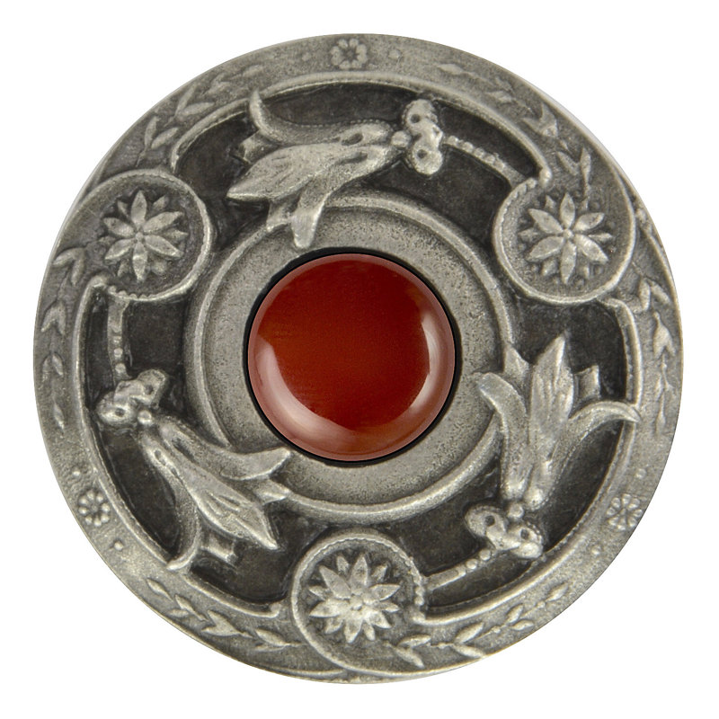 Jewel Mushroom Knob, Antique Pewter Red Carnelian Natural Stone